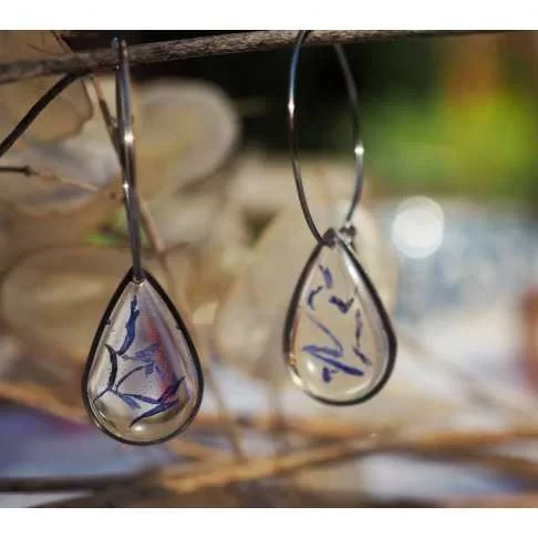 Boucles d'oreille créoles bleuet en acier inoxydable avec vraies fleurs de bleuet à Clermont