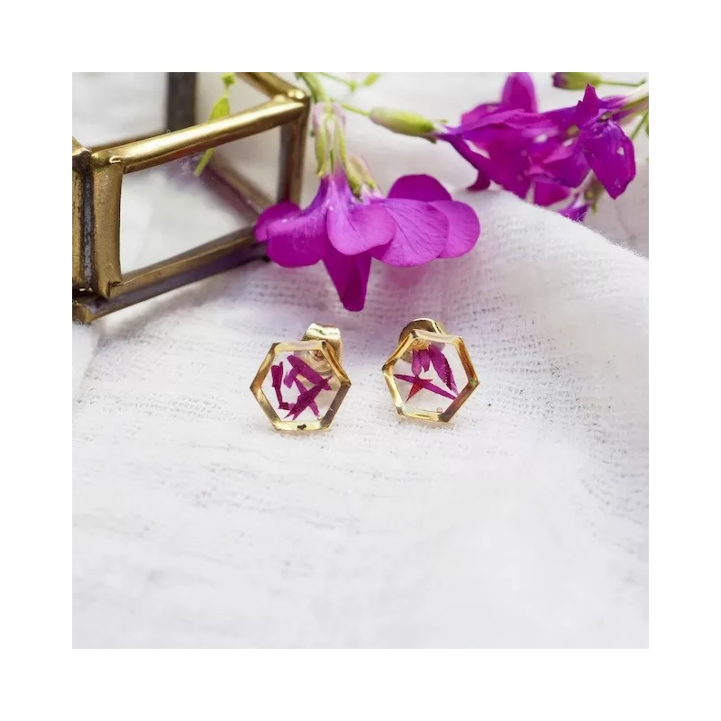 Puces d'oreille hexagones en acier inoxydable doré avec inclusion de confettis de rose - Bijoux vraies fleurs Clermont