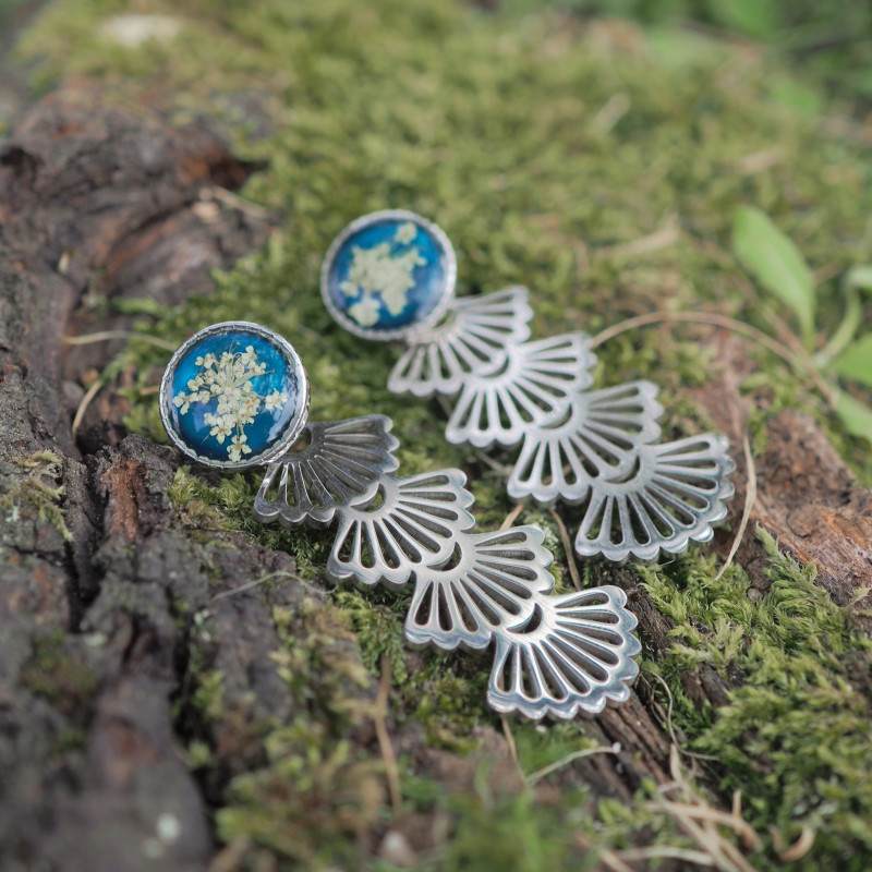 Bijoux en fleurs séchées Clermont - Boucles d'oreilles 2 en 1 acier inoxydable en vraies fleurs d'Auvergne