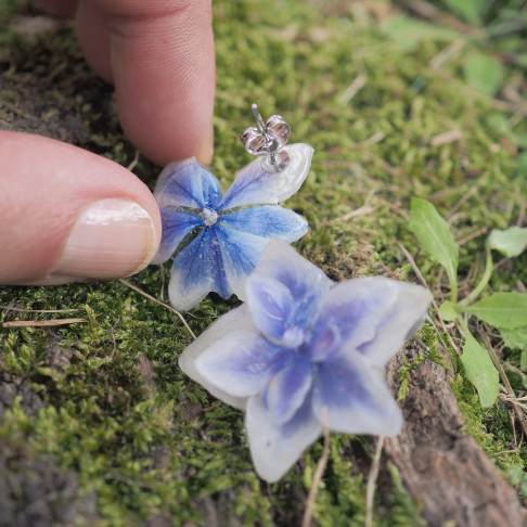 arrières des Boucles d’oreille fleur 3D de fleurs d'hortensias bleues - Bijou fleurs Clermont