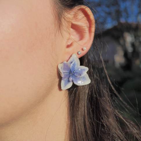 Boucles d’oreille fleur 3D de fleurs d'hortensias bleues - Bijoux en vraies fleurs Clermont