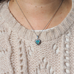 Bijou vraies fleurs Clermont - Mini médaillon argenté couleur émeraude avec une fleur de carotte sauvage - porté