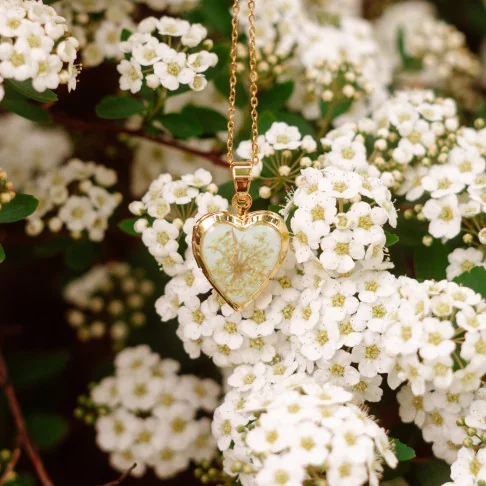 Bijou en fleurs séchées clermont - Collier médaillon en forme de coeur en fleurs de carotte sauvage sur fond vert pale