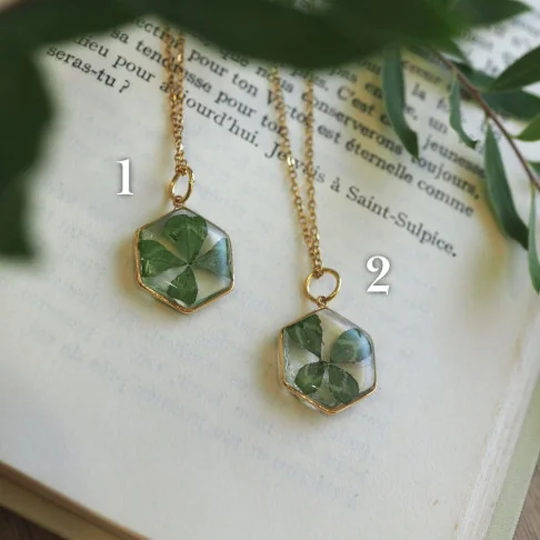 Colliers dorés avec un vrai trèfle à 4 feuilles 1 et 2 -Bijoux vraies fleurs Clermont