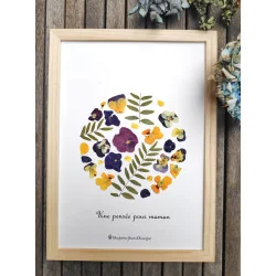 Tableau herbier fête des mères personnalisable motif rond en fleurs séchées d'Auvergne pensées violettes et jaunes