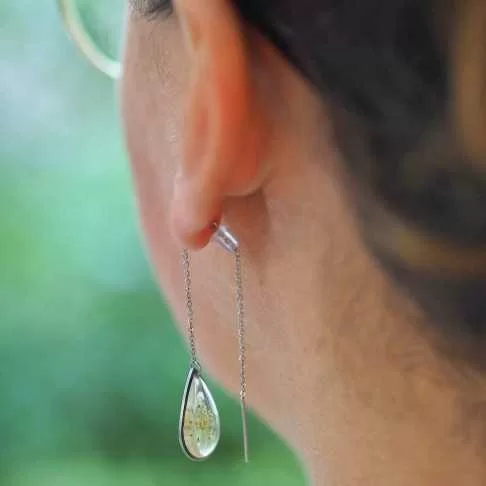 Boucles d'oreille en acier inoxydable argenté fleur de carotte sauvage dans de la résine - Bijoux vraies fleurs Clermont