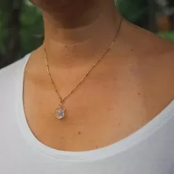 Collier hexagone doré avec inclusion de fleur de myosotis bleues porté - collier fleur