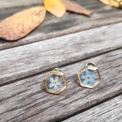 Puces d'oreille dorées avec inclusion de fleur de myosotis bleu sur fond de résine transparente - bijou fleur