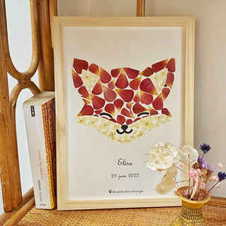 Tableau Herbier pour chambre d'enfant représentant un petit renard en fleurs d'Auvergne - cadre fleurs