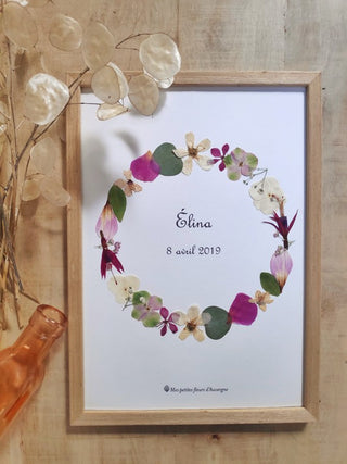 Tableau Herbier couronne fleurie multicolore réalisé en fleurs d'Auvergne, herbier personnalisable  - 4
