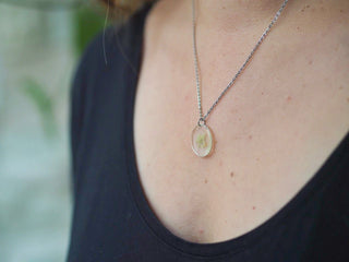 Collier rond en acier inoxydable argenté avec inclusion de fleur de carotte sauvage dans de la résine transparente autour du cou
