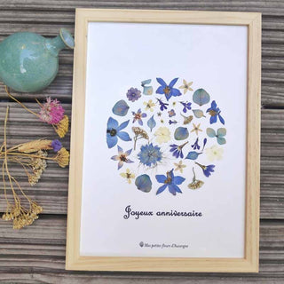 Tableau herbier forme personnalisable motif rond en fleurs séchées d'Auvergne bleu violet et blanc - cadre fleurs