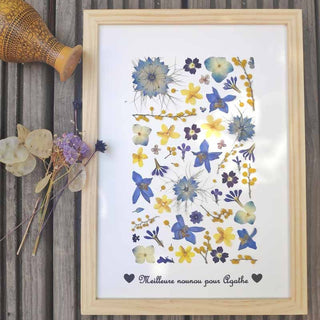 Tableau herbier forme personnalisable motif rectangle en fleurs séchées d'Auvergne violet et jaune - cadre fleurs