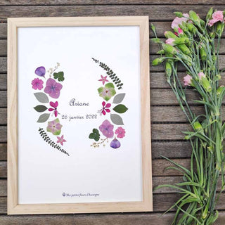 Tableau herbier demi-cercles en fleurs séchées d'Auvergne avec prénom de bébé et date de naissance - cadre fleurs