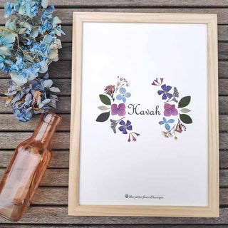 Tableau herbier demi-cercles en fleurs séchées d'Auvergne avec prénom dans les tons roses violet et vert - cadre fleurs