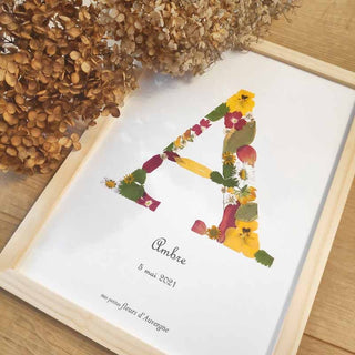 Tableau herbier en fleurs séchées initiale personnalisé A multicolore - cadre fleurs