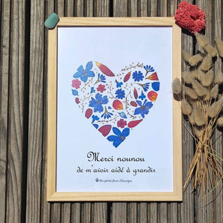 Tirage d'art personnalisable de l'herbier coeur bleu et rouge en fleurs séchées d'Auvergne  - 3