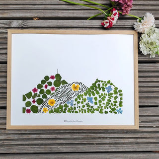 Tableau Herbier A4 Puy-de-Dôme végétal  et fleuri, dans les tons verts et quelques fleurs jaunes, rouge et bleu 2 - cadre fleurs