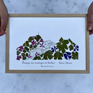 Tableau Puy-de-Dôme personnalisable avec des feuilles et fleurs rouges, jaunes et bleues d'Auvergne, cueillis dans mon jardin.