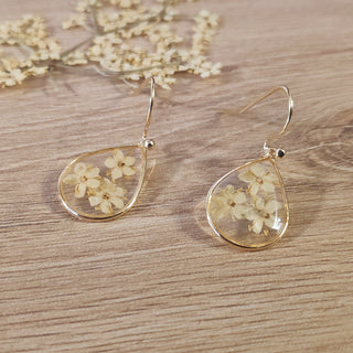 Boucles en acier inoxydable doré avec inclusion de fleurs de sureau inclu dans de la résine transparente - bijou fleur