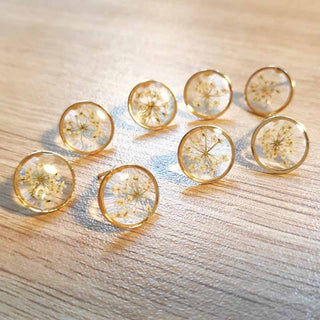 Puces d'oreilles en acier inoxydable doré avec inclusion de fleur de carotte sauvage dans de la résine transparente