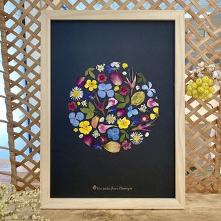 Tableau herbier bulle de fleurs multicolores en fleurs d'Auvergne sur fond noir - cadre fleurs
