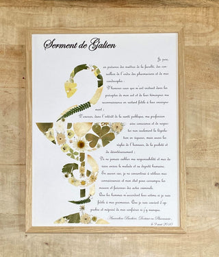 Tableau herbier caducée d'Hygie avec le serment de Galien en fleurs séchées d'Auvergne - 2 - cadre fleurs