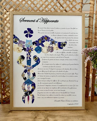 Tableau herbier caducée d'Hermès avec le serment d'Hippocrate en fleurs séchées - 2