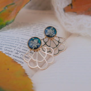 Bijou fleur Clermont - Boucles d'oreille 2 en 1 dorées pour 2 looks, en vraies fleurs de carottes sauvage