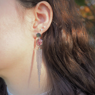 Boucles d'oreilles en acier inoxydable argentées avec de confettis de rose et pampilles - Bijoux en fleurs Clermont
