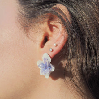 Boucles d’oreille fleur 3D de fleurs  d'hortensias bleues - Bijou de petite taille porté 2