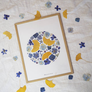 Tableau herbier rond de ginkgo bleu avec des feuilles de ginkgo biloba, des hortensias, bleuets, dauphinelles, verveines...