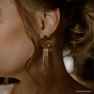 Boucles d'oreille en acier inoxydable doré avec confettis de rose et pampilles - Photo d'Anais Champion
