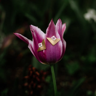 Bijou en fleurs séchées clermont - Boucles d'oreilles puces triangles dorées avec une fleur d'alysse