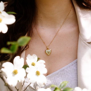 Bijou en vraies fleurs clermont - Collier médaillon en forme de coeur en fleurs de carotte sauvage sur fond vert pale