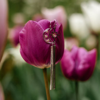 Bijou fleurs séchées clermont- Boucles d'oreilles en argent lune et soleil avec des fleurs de carotte sauvage blanches