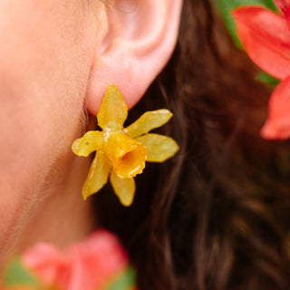 Bijou vraies fleurs séchées Clermont - Boucles d'oreilles en vraies fleurs de jonquilles jaunes séchées