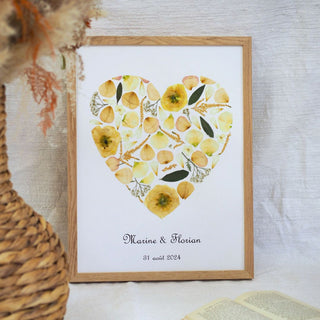 Tableau herbier forme personnalisable motif coeur avec prénoms de mariés... en fleurs séchées d'Auvergne - cadre fleurs