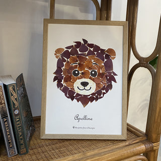 Tableau Herbier pour chambre d'enfant représentant un petit lion en fleurs d'Auvergne 2 - cadre fleurs
