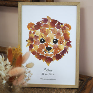 Tableau Herbier pour chambre d'enfant représentant un petit lion en fleurs d'Auvergne personnalisé - cadre fleurs