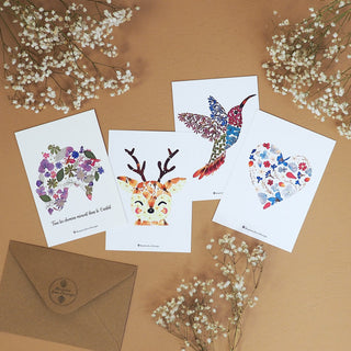 Cartes postales en fleurs séchées d'Auvergne - Lot de 4 cartes