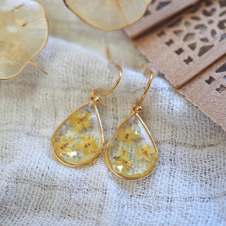 Boucles en acier inoxydable doré avec inclusion de fleurs de sureau inclu dans de la résine transparente - bijou fleur