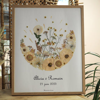 upcycling de bouquet de mariée en tableau rond envolée de fleurs