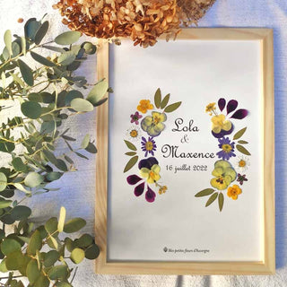 Tableau Herbier personnalisable avec vos prénoms entourés de fleurs d'Auvergne  - 1 - cadre fleurs
