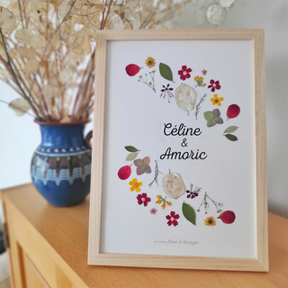 Tableau Herbier personnalisable avec vos prénoms entourés de fleurs d'Auvergne  - 3 - cadre fleurs