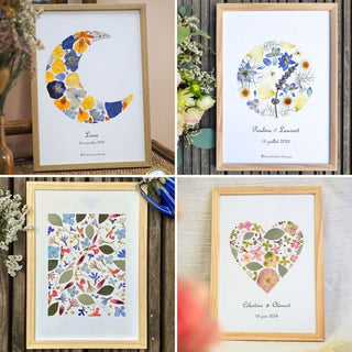 Tableau herbier forme personnalisable motif coeur, rond, rectangle, en fleurs séchées d'Auvergne - cadre vraies fleurs