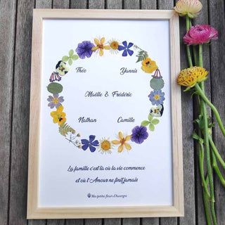Tableau Herbier couronne fleurie dans les tons jaune et violet réalisé en fleurs d'Auvergne, herbier personnalisable  - 2