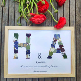 Tableau Herbier format A4 avec 2 initiales, H et A en fleurs d'Auvergne - Herbier personnalisable - cadre fleurs