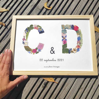 Tableau Herbier format A4 avec 2 initiales, C et D en fleurs d'Auvergne - Herbier personnalisable - cadre fleurs