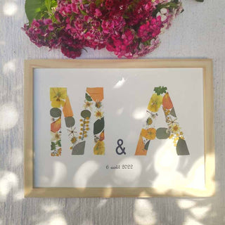 Tableau Herbier format A4 avec 2 initiales, M et A en fleurs d'Auvergne - Herbier personnalisable - cadre fleurs